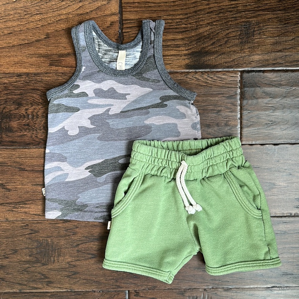 Childhoods Clothing Set - Retro Shorts in Camp Green and Tank in Black Camo. 2T.